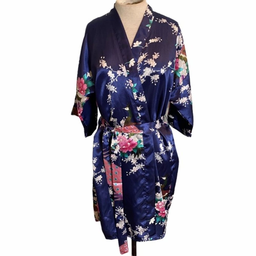 Old Shanghai Mini Peacock Kimono Robe in Navy Blue
